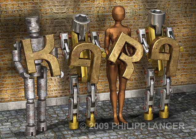Philipp Langer: Androide Roboter, Lettern tragend / Android Robots Holding Massive Golden Letters. 3D-Modeling, Philipp Langer, 2009. Fr Kara zum 14. Geburtstag