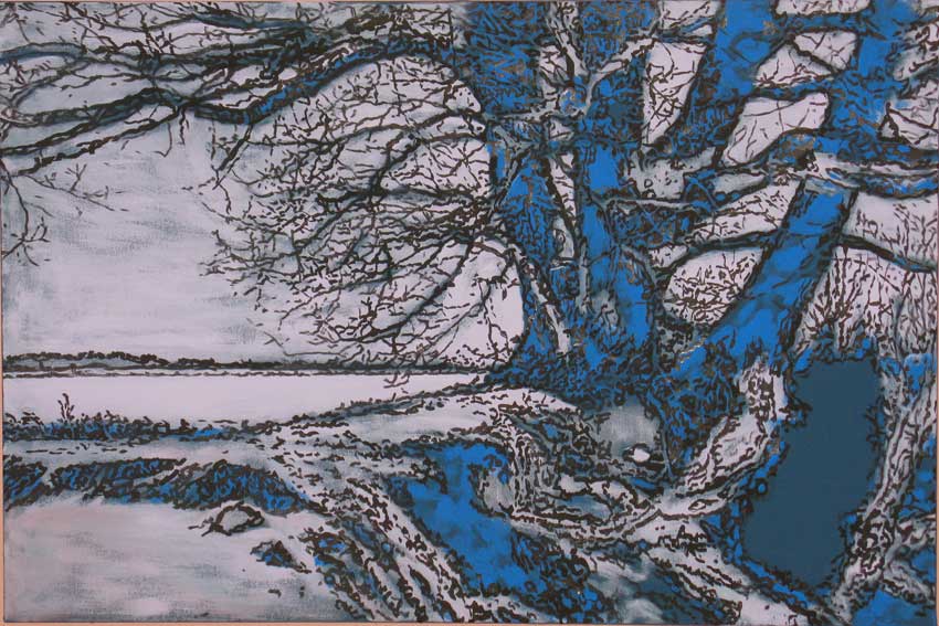 Matthias Bargholz: Blauer Winterabendein alter Baum an einem Hang, in der Schneelandschaft des Nordens