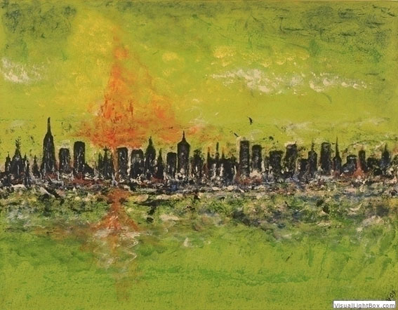 Christine Graf: Skyline gruen grosssurreale Skyline, Acryl auf Leinwand