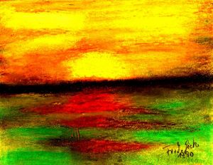 Franz-Josef Gcke: Sonnenuntergang auf Fehmarnlkreide-Zeichnung 1990  18X14 cm