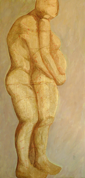 Barbara Jakubowska-Brozek: Form 20070902Acrylmalerei mit Schlagaluminium,  140 x 67 cm
