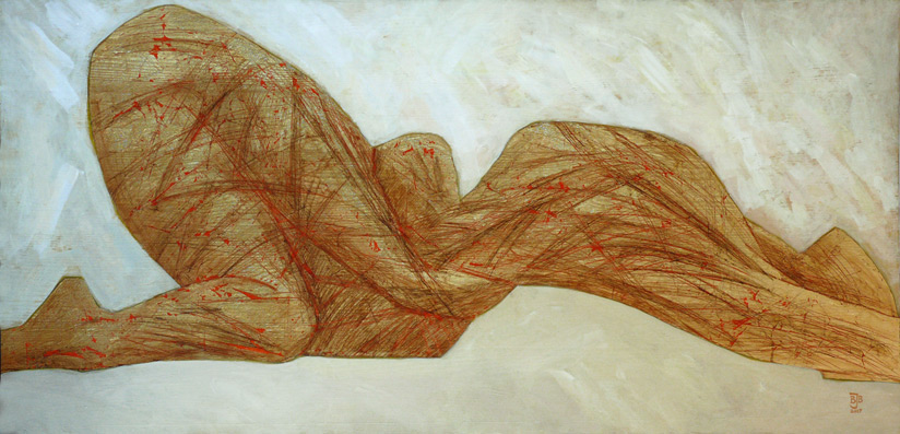 Barbara Jakubowska-Brozek: Form 20070301Acrylmalerei mit Schlagaluminium,  66 x 138 cm