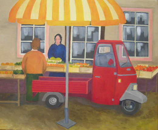 Sabine Gloger: Auf dem MarktAcryl auf Leinwand, ca. 59 x 50 cm