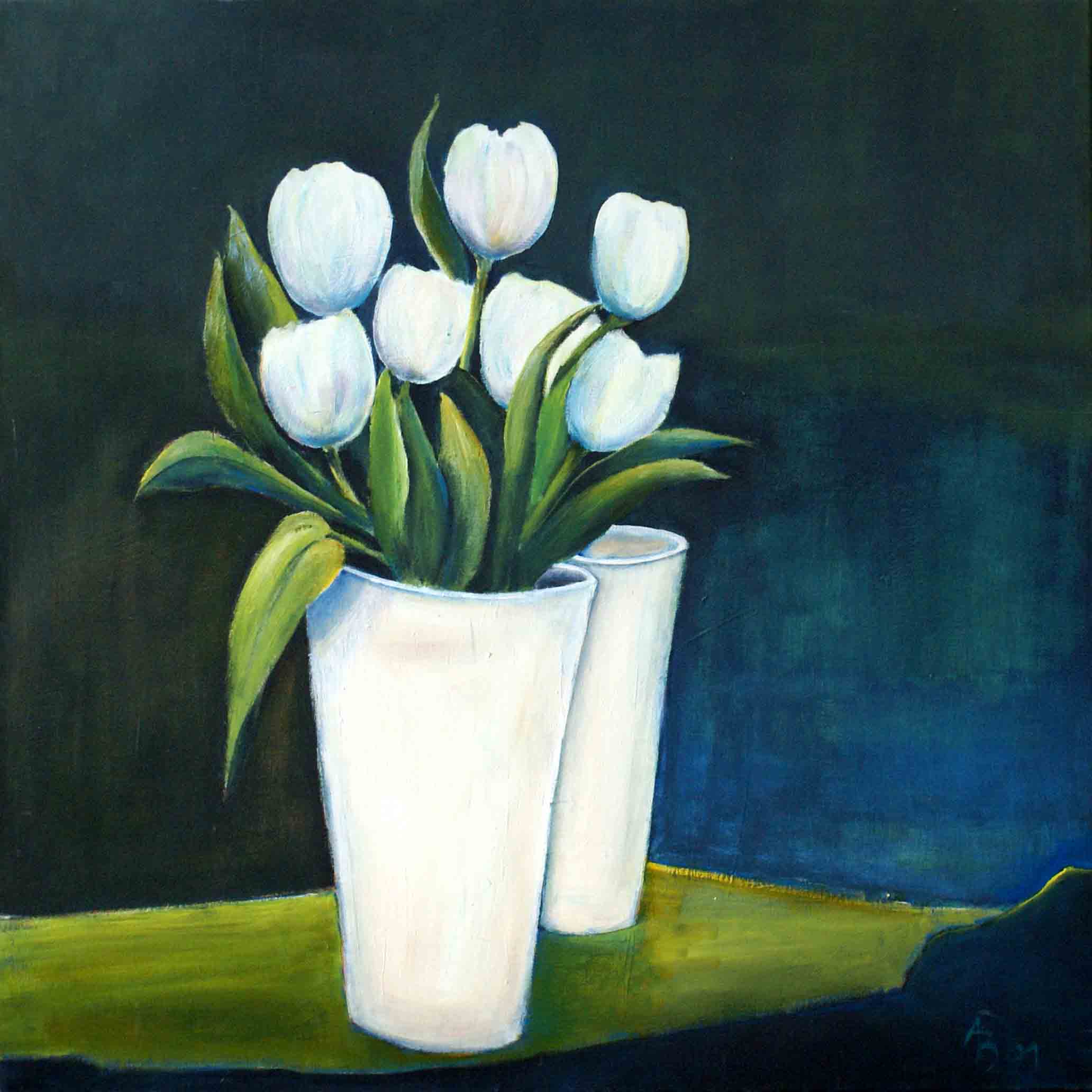 Angela_ Böckmann-Hannibal: Weisse Tulpen IAcryl auf Leinwand 70 x 70 cm