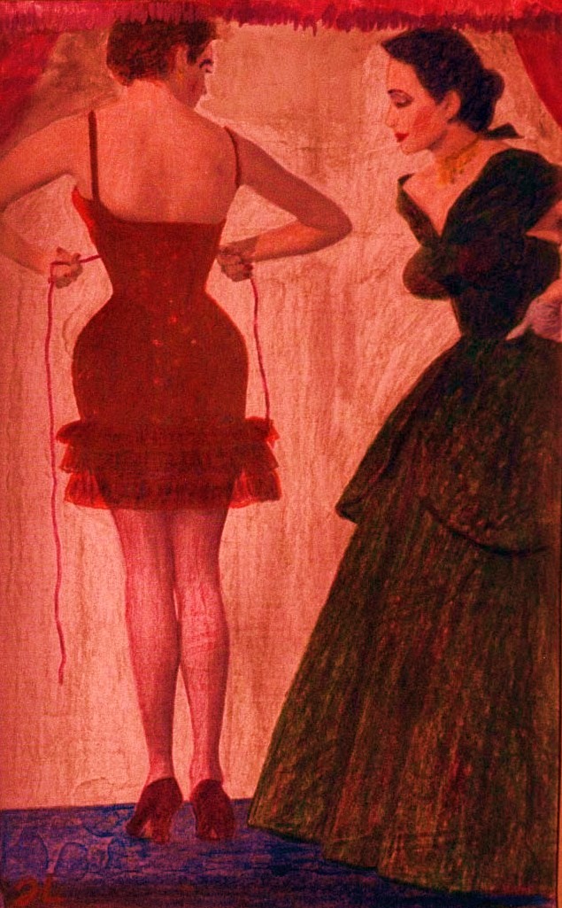 Jrgen Lbel: Damen bei der ToiletteAquarell auf Papier,  16x20 cm 