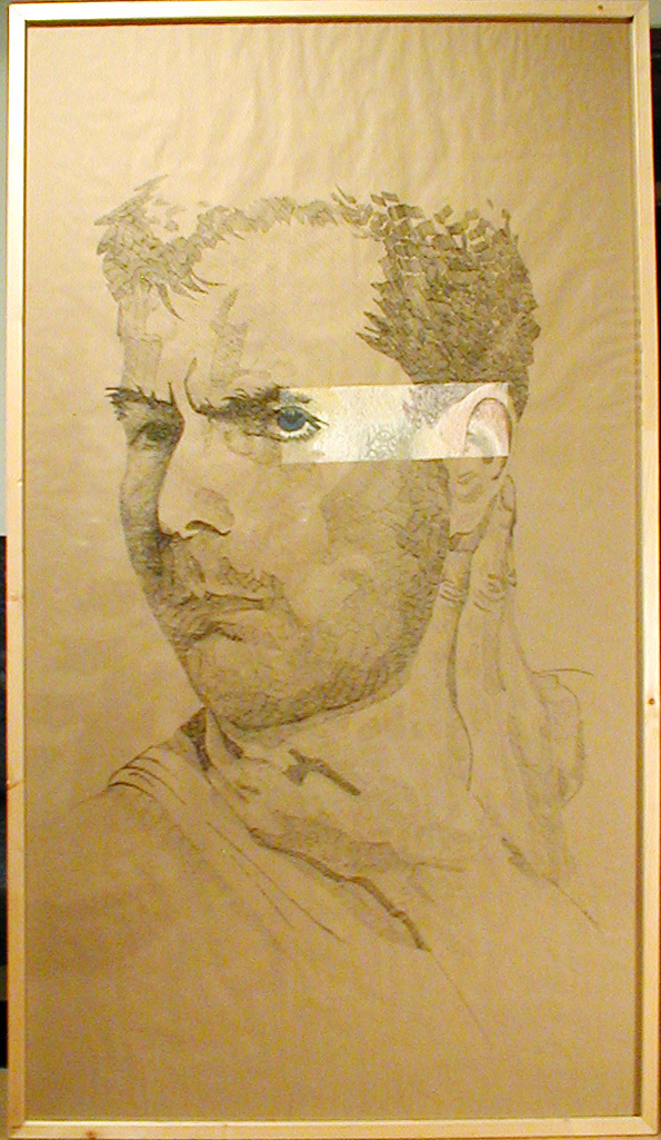 Peter Trautner: PP180wuerg, 180 x 100 cmauf Packpapier mit Tusche schraffiertes Portrait mit Acryl-Ausschnitt