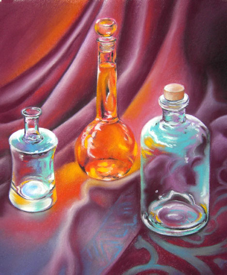 Lissy_Genoveva_ Mischke: Lichtspiele mit Flaschen, 50 x 60, Pastellmalerei
