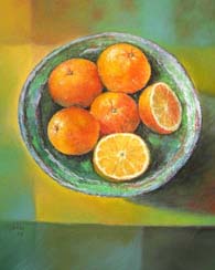 Lissy_Genoveva_ Mischke: Schale mit Orangen, Pastell auf Kupferdruckbtten, 40 x 50 cm