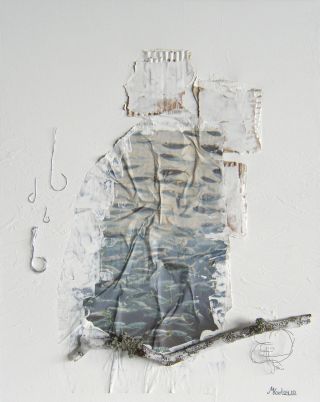 Martina Karl: Fische, 50 x 40 cmAcryl, Naturmaterialien, Metall auf Leinwand