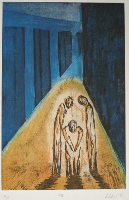 a Rehder: Gerichtsboden (blau)Radierung zum Prozess von Franz Kafka