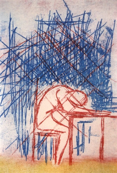 a Rehder: K am Schreibtisch (blau)Radierung zum Prozess von Franz Kafka