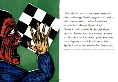 a Rehder: SchachwutFarbholzschnitt - Einblattdruck mit Buchdruck zur Schachnovelle von Stefan Zweig
