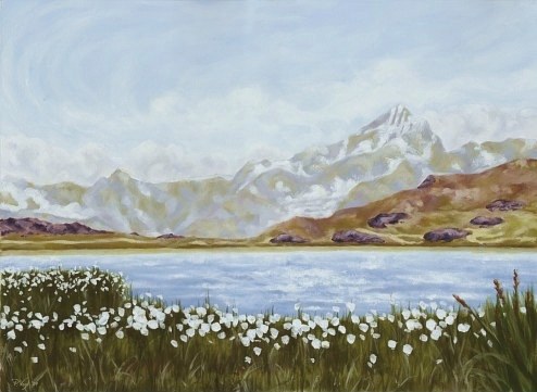 Patricia Vogt: BergseeOriginal Gouache-BildGemalt auf AquarellpapierGrsse: 32x42cmInkl. Passepartout