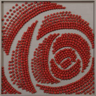Betty Kahmann: Für dich soll`s rote Rosen regnen 70x70Acryl/MDF/Zapfen der Lerche