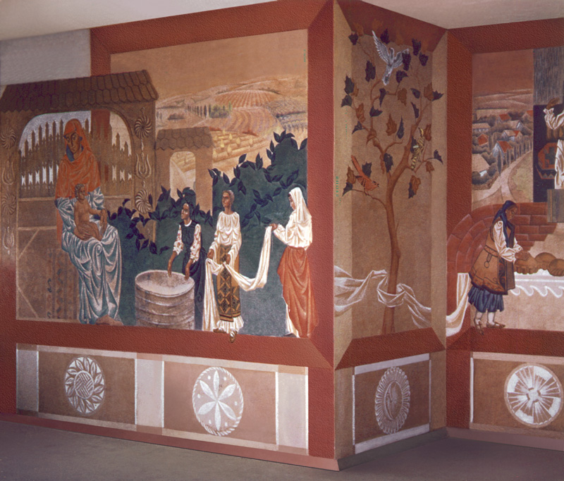 Mariana Scvortova: Das Leben Freskenfragment  im Gemeindehaus Bolduresti, R. Moldau, Technik: Al-fresco, 3x20m, 1989