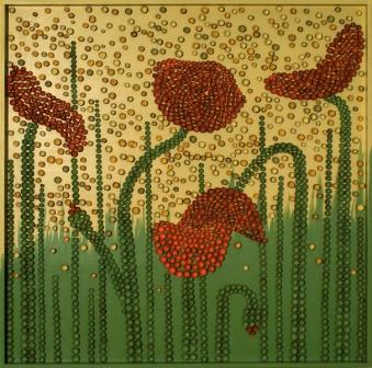 Betty Kahmann: MohnfeldAcryl/MDF/Eichelhüllen 90x90