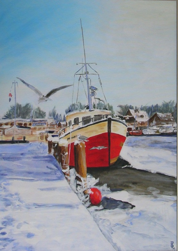 Gerda Pinck: 20 - NIENDORFER HAFEN IM WINTERAcryl auf Leinwand  - 70x50 cm - gerahmt