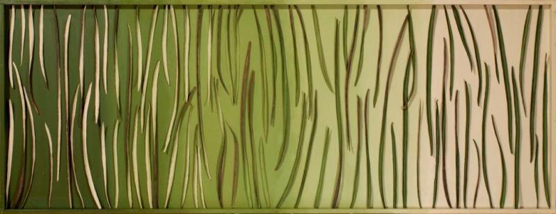 Betty Kahmann: ohne TitelAcrylbild auf MDF-Platte mit Schoten des Trompetenbaums 50x130