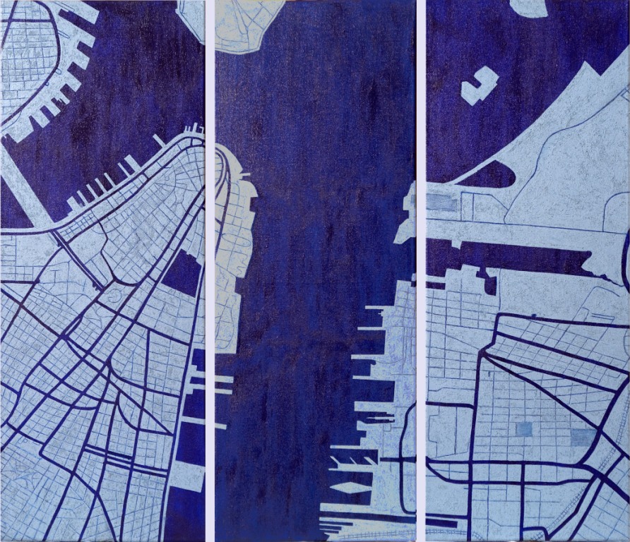 Betty Kahmann: Stadtplan NYAcryl auf Leinwand mit Sand 3x(30x80)