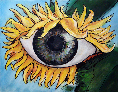 siegfried messner: Auge aufEin Auge, von den gelben Bl?ttern einer Sonnenblume umrahmt, vor blauem und gr?nem Grund,