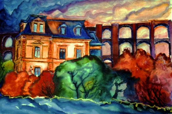 Hans-Joachim Kanitz: Goeltzschtalbruecke mit gelbem Haus Aquarell auf Karton 300g/qm 42 x 60 cm