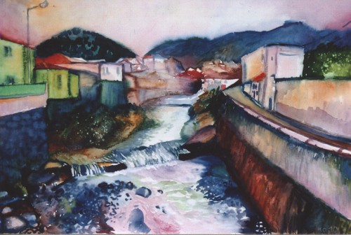 Hans-Joachim Kanitz: Ribera GrandeStadt und Flussansicht auf Sao Miguel (Azoren) Aquarell auf Karton 300 g/qm 42 x 60 cm