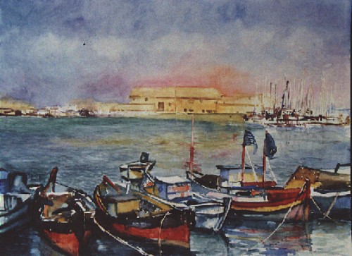 Hans-Joachim Kanitz: FischerbooteHafen von Heraklion Kreta Aquarell auf Karton 225 g/qm 36 x 48 cm