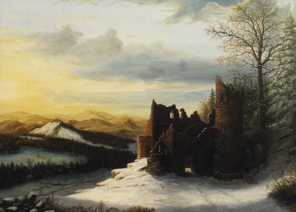 Peter Kempf: Winterlandschaft mit Burgruine, Oel auf Baumwolle, 80 x 100 cm