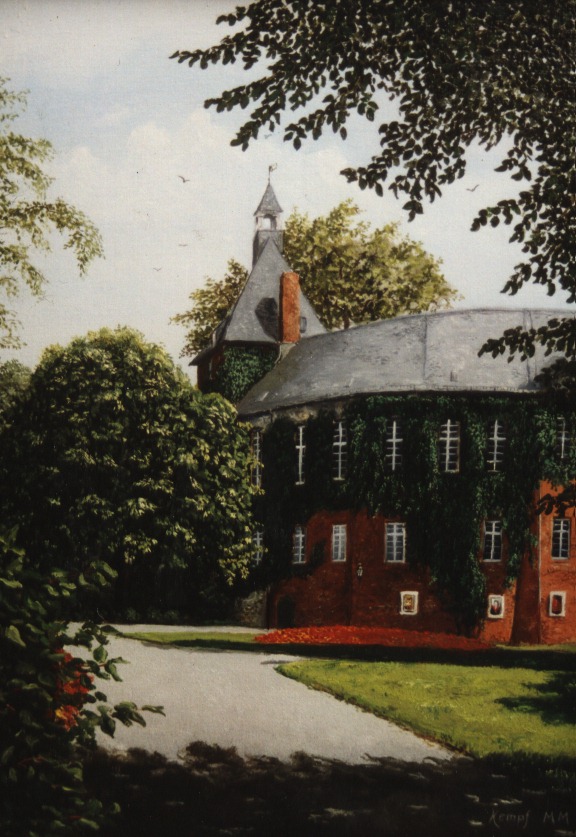 Peter Kempf: Schloss Moers,Oel auf Holz,18 x 13 cm