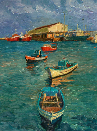 Ling Strube: Ein Hafen in Portugal?l auf Panel 30 x 40cm