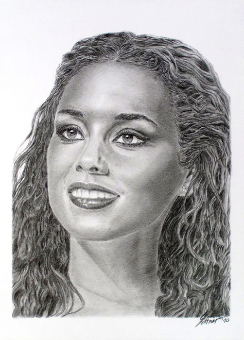 Claudia Sottner: Alicia Keys PortraitAlicia Keys live bei der Pressekonferenz in Ischgl, Tirol. 45x33cm, Bleistift. Weitere Infos sind auf meiner Website: http://claudiasartwork.com zu finden.