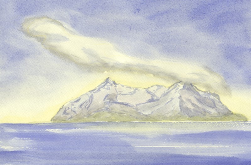 a Aabeck-Ackermann: New Zealand 1989 no. 17island in watercolor painting from 1989 by Hans Aabeck-Ackermann