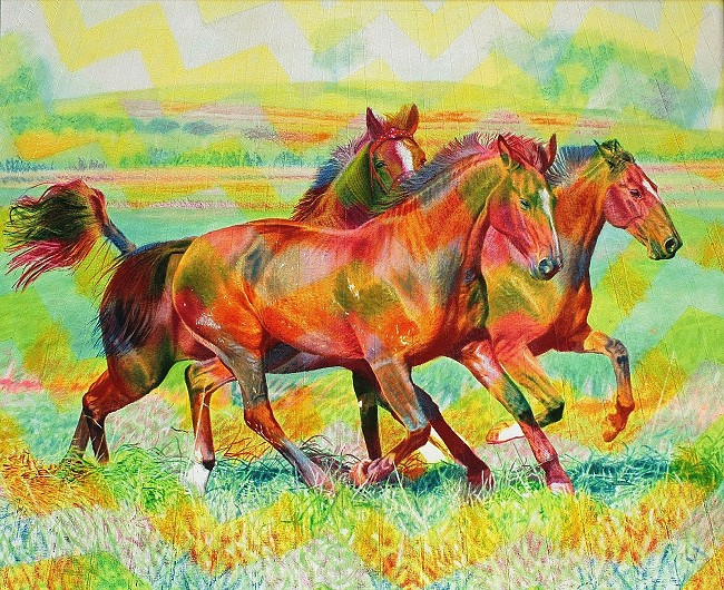 Fred Hahn: Drei PferdeOil auf verstaerkter Leinwand, 2002, 130 x 160 cm