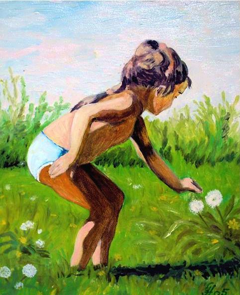 Günther Hofmann: Kind mit PusteblumeÖl auf Hartfasermalplatte  24 x 30 cm