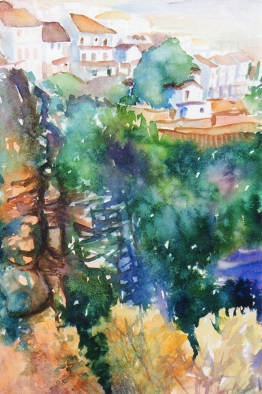 Hans-Joachim Kanitz: Haengende Haeuser Haengende Haeuser in Ronda, Andalusien. Aquarell 60 x 42 cm auf Karton 300 g/qm