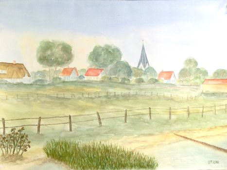 Udo Teuchert: Nebel, Dorf auf AmrumAquarell  48 x 36 cm