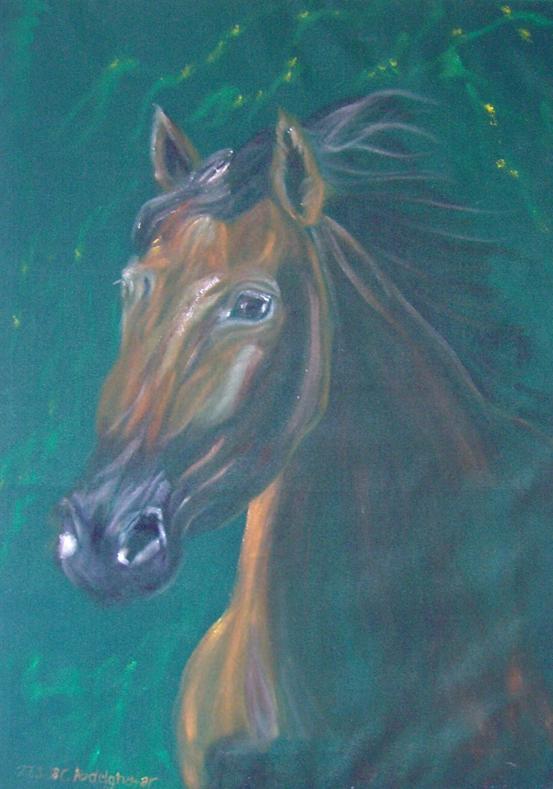 Claudia Lüthi_(alias_Abdelghafar): Pferdeportrait auf SamtPferdeportrait, Oel auf Samt, 50x70cm, 2008