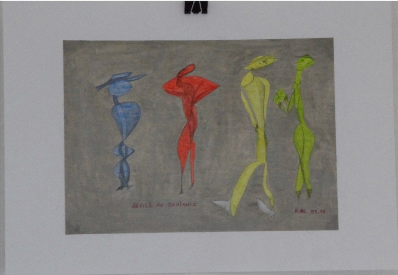 Roland Hirn: defile de couleurs, Masse: 29 x 21cm auf Traegerpapier (42 x 29,7cm) geklebt, Acryl auf Papier