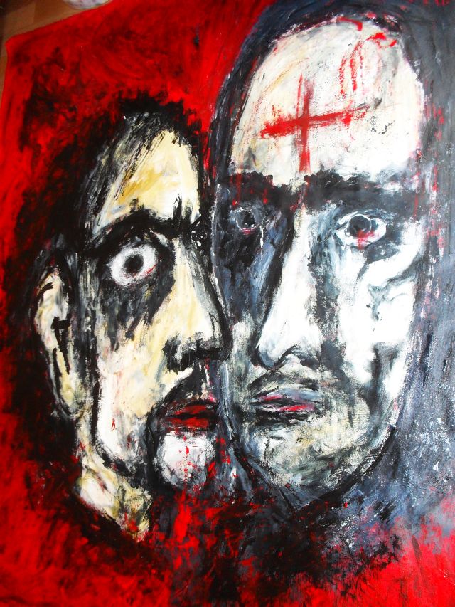 Despina Papadopoulou: -Judas kiss-Acryl auf Tuch ,160 x 160 cm-Judas kiss-Acryl auf Tuch ,160 x 160 cm