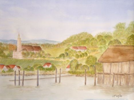 Udo Teuchert: Blick nach Birnau / BodenseeAquarell 48 x 36 cm