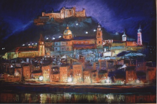 Hans-Joachim Kanitz: Salzburg bei Nacht Kreidepastell auf Karton 50 x 70