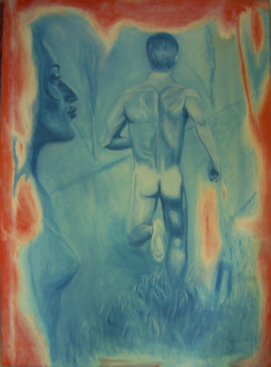 Bastian Pasik: Blue boy running Oel auf Leinwand  90 x 65,5 cm