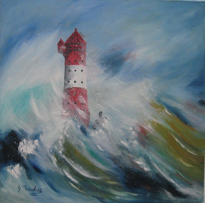 Grete Straub: Leuchtturm Arngast im SturmOel auf Leinwand (60x60cm)