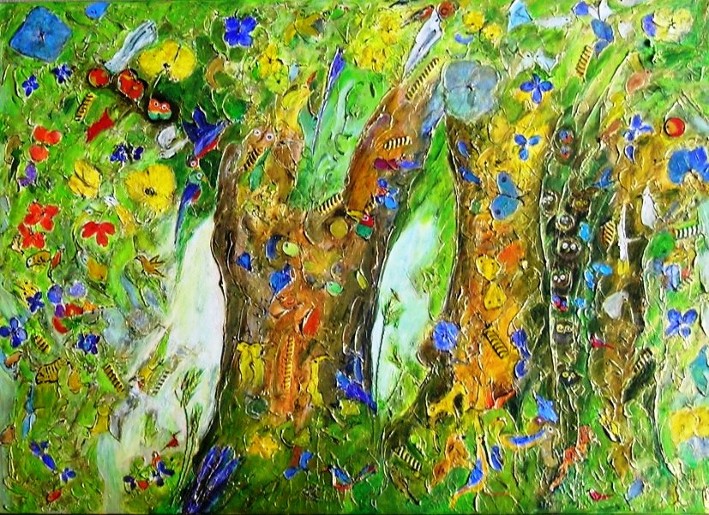 Gerda Pinck: 61 - PoesieSpachtelmasse, gold,  Blueten etc. - Acrylfarbe uf Leinwand - Goesse 50x70cm