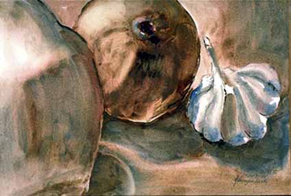 a Sterzenbach: ?pfel mit Knoblauch?pfel mit Knoblauch, Aquarell, 25x35 cm, 1989