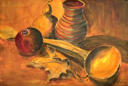 a Sterzenbach: Holzkelle mit Krug, Kalabasse und GranatapfelHolzkelle mit Krug, Kalabasse und Granatapfel, Aquarell, 37,5x54 cm, 1988