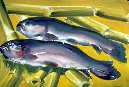 a Sterzenbach: Zwei Fische auf Bambus 3Zwei Fische auf Bambus 3, Aquarell, 38x53,5 cm, 1988