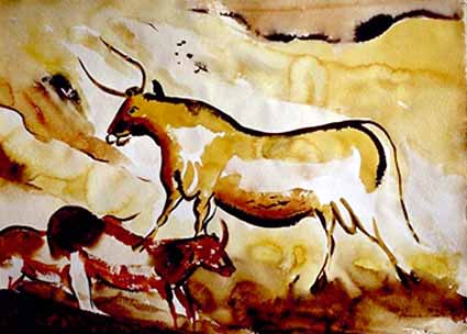 a Sterzenbach: Gro?er Stier mit roten K?Gro?er Stier mit roten K?hen, Aquarell/Tusche, 50x69,5 cm, 1994