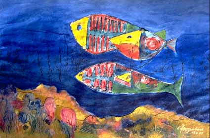 a Sterzenbach: Drei Fische im KorallenriffDrei Fische im Korallenriff, Mischtechnik, 36x53 cm, 1997
