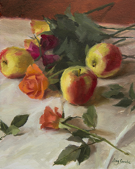 Ling Strube: Still life with apples?l auf Leinwand